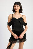 OFF SHOULDER SATIN BUSTIER WITH LACE DETAIL